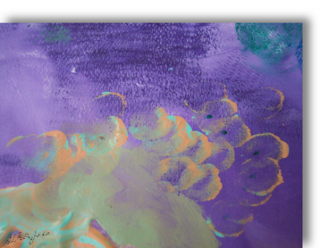 a purple background painting with orange, turquoise and green tinted cloud like formations