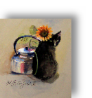 Black cat sat by a shiny kettle