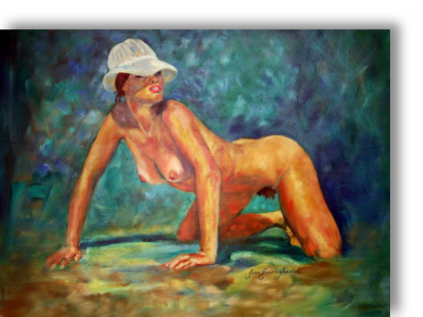 Nude wearing only a sunhat